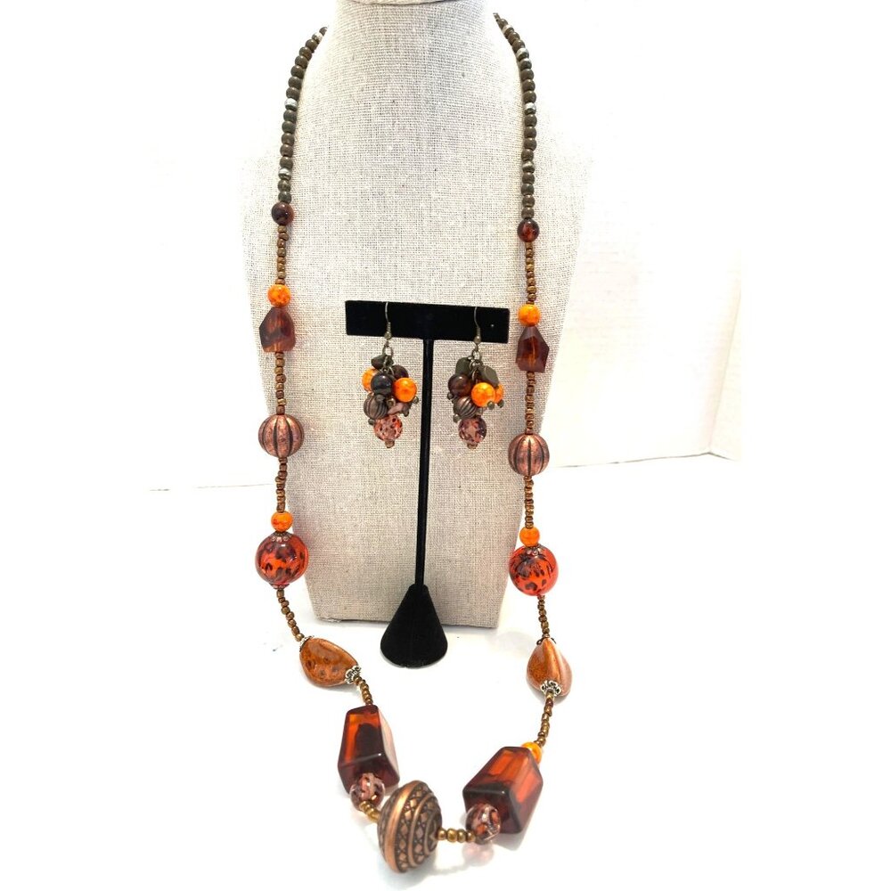 Y2K Leopard Amber Brown Orange Beaded Necklace Earring Set Boho Autumn Statement - Picture 12 of 12